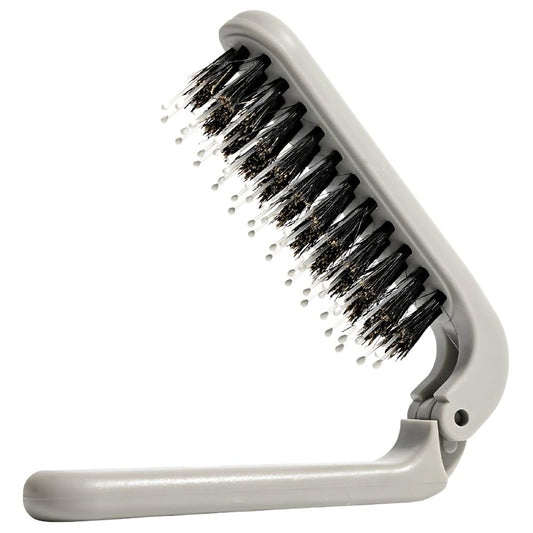 Uffy MiniPop Travel Hair Brush – Mini Folding Boar Bristles for Women, Men & Kids | Kid-Friendly Portable Purse Brush for Wet & Dry Hair, Curly or Straight | Pocket-Size Detangler – Soft Grey