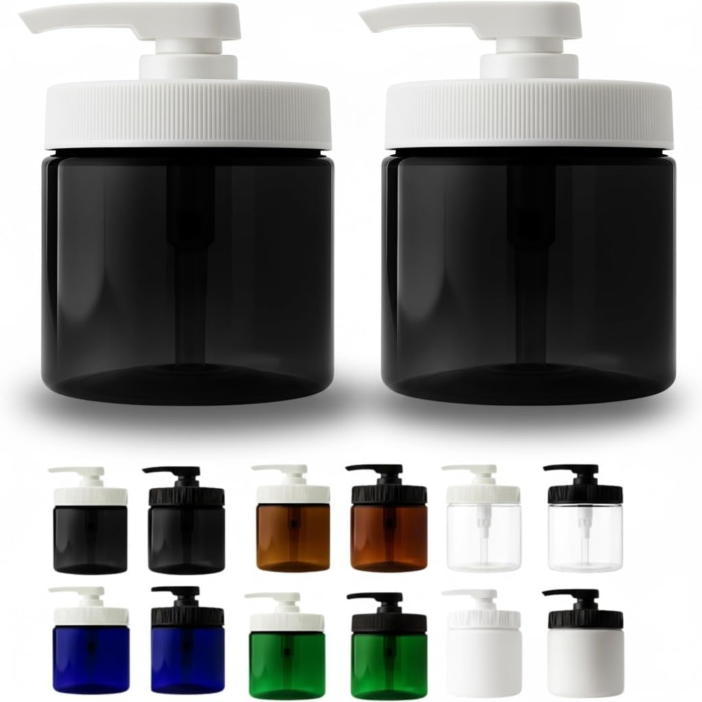Royal Massage 16oz Refillable Pump Jar with Locking Dip Tube Dispenser – BPA-Free Plastic Container for Massage Oils, Lotions, Creams – Ribbed Lid Wide-Mouth Jar – Durable & Reusable (Black/White, 2)