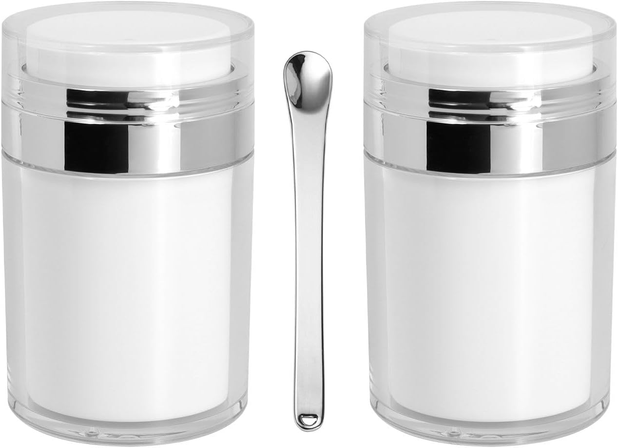 2Pack Airless Pump Jars with Cosmetic Spatula, 3.5 oz Empty Refillable Cosmetic Air Pump Jars Bottles Airless Lotion Cream Dispenser Portable Travel Makeup Containers (Silver)