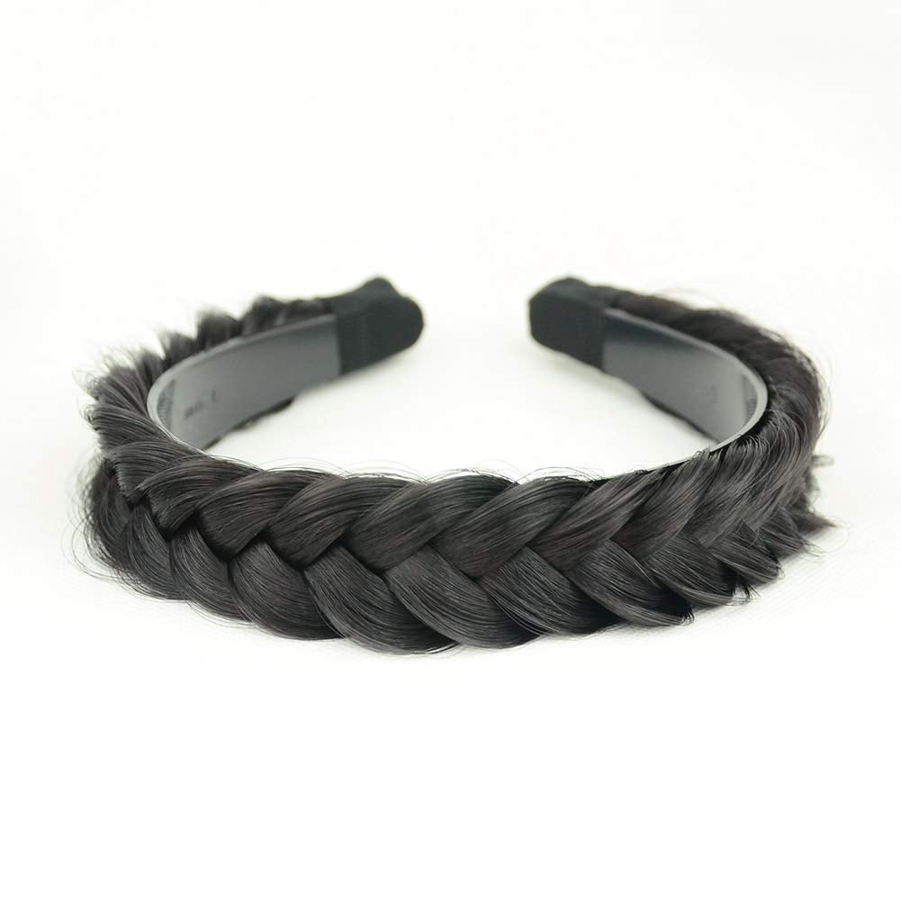 DIGUAN Headband Synthetic Hair Plaited Headband Braid With Teeth Hair Band Accessories for Women Girl Width 1.5 Inch (W-Natural Black)