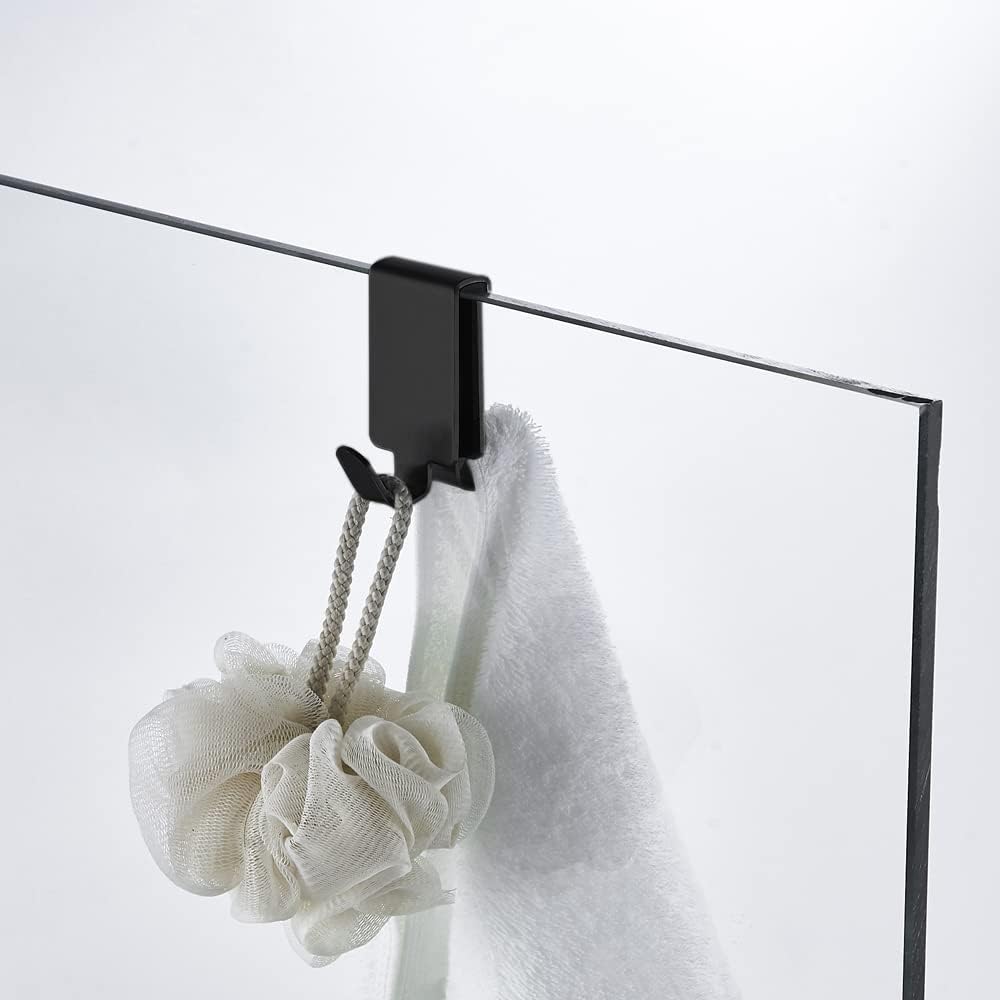Double Hooks for Glass Shower Door, Towel Hooks Over The Bathroom Glass Wall 0.31-0.39in, Stainless Steel, Matte Black,2 Pack.
