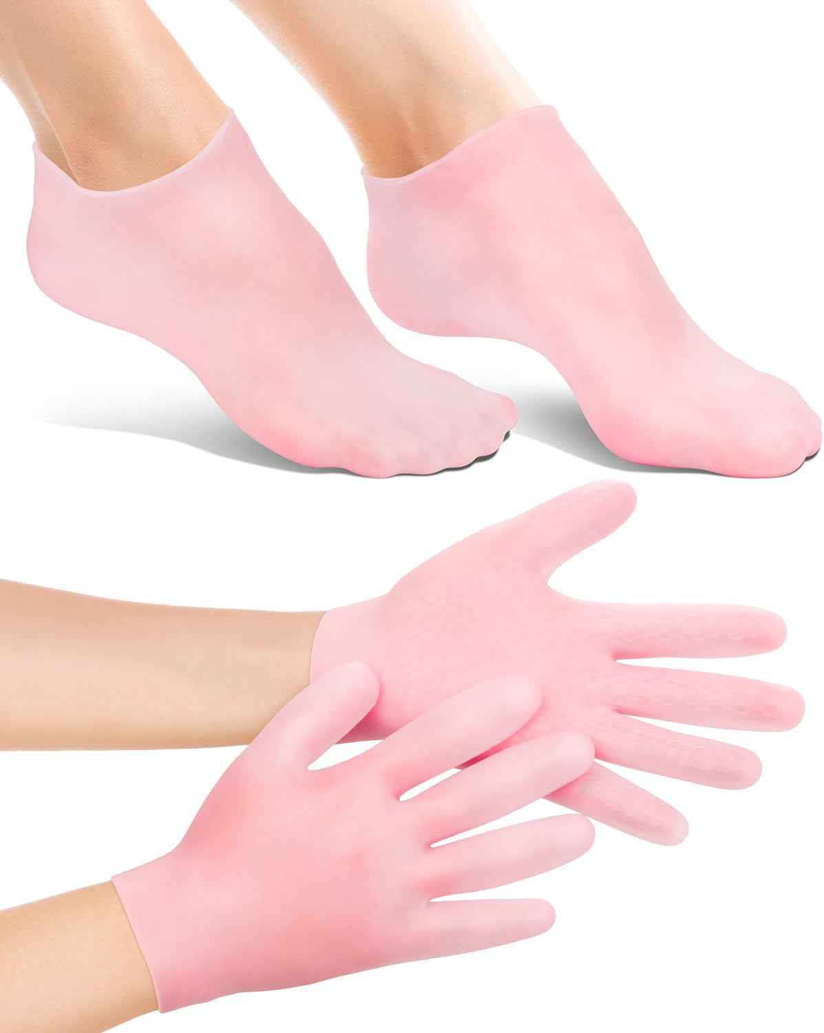 2 Pairs Silicone Moisturizing Glove Socks Set, Anti Slip Soft Spa Gel Socks Softening Feet Dry Cracked Skin, Women Spa Pedicure Socks for Foot Hand Softening, Foot Care After Pedicure (Pink)