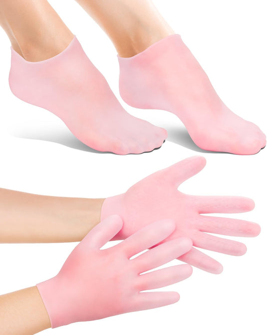 2 Pairs Silicone Moisturizing Glove Socks Set, Anti Slip Soft Spa Gel Socks Softening Feet Dry Cracked Skin, Women Spa Pedicure Socks for Foot Hand Softening, Foot Care After Pedicure (Pink)
