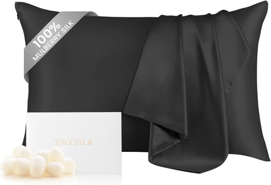 THXSILK 100% Pure Mulberry Silk Pillowcase for Hair and Skin, Grade 6A+ Silk Dual Sides, Silk Bed Pillow Case with Hidden Zipper, 1pc, Standard Size(20"x26"), Black