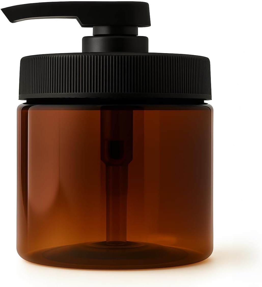 Royal Massage 16oz Refillable Pump Jar with Locking Dip Tube Dispenser – BPA-Free Plastic Container for Massage Oils, Lotions, Creams – Ribbed Lid Wide-Mouth Jar – Durable & Reusable (Amber/Black, 3)