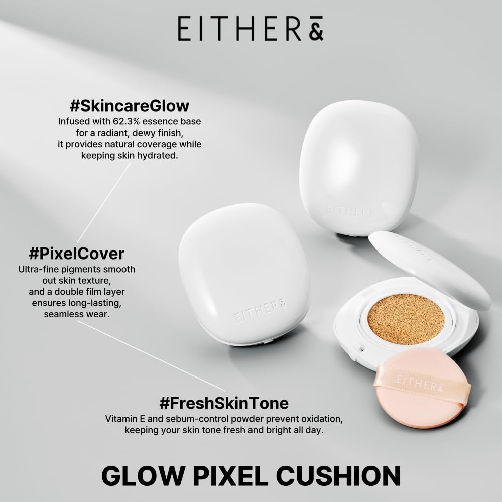 EITHER& Glow Pixel Cushion Foundation, Glowy Skincare, Korean Makeup, Natural Coverage, Moisturizing, Lightweight, Long Lasting Coverage for Flawless Skin (40N Espresso)