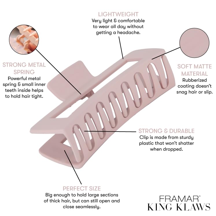 FRAMAR Large Claw Clips For Thick Hair – Large Hair Clip For Thick Hair, Big Hair Clips For Women, Claws Clips For Women, Pink Hair Clips, Pink Claw Clip - 4 Pack Non Slip Matte Finish