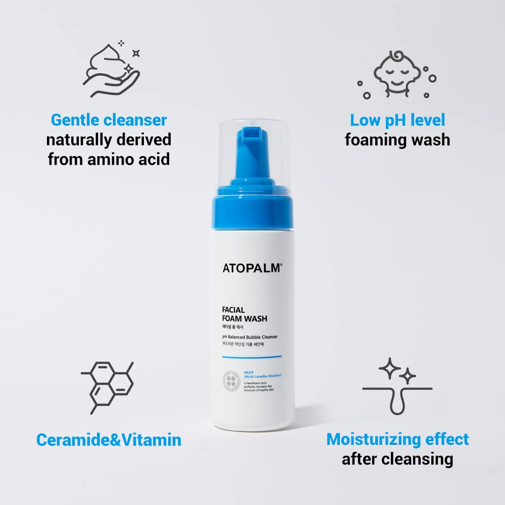 ATOPALM Facial Foam Wash, Gentle Baby Wash, Tear-Free, Sulfate-,Paraben-Free, pH Balanced, Hypoallergenic for Sensitive Skin, EWG Green Grade, Foaming Facial Cleanser, 5.07 Fl Oz, 150ml