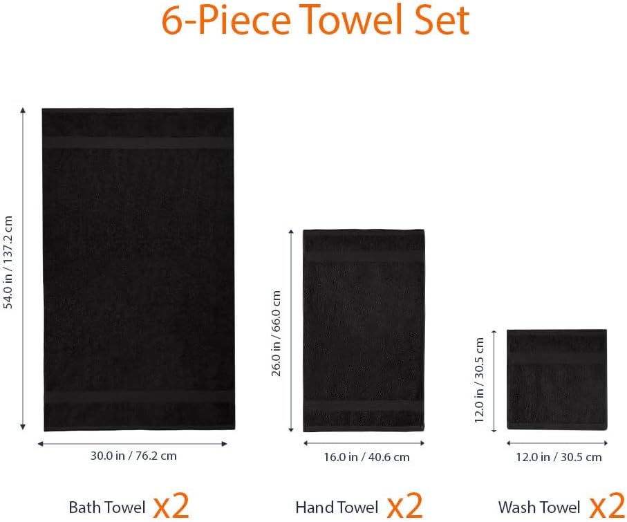 Amazon Basics 6 Piece Oversized Fade resistant Towel set, 100% Cotton towels for bathroom, soft and absorbent, 2 Bath Towels, 2 Hand Towels and 2 Washcloths bathroom towel set, Black