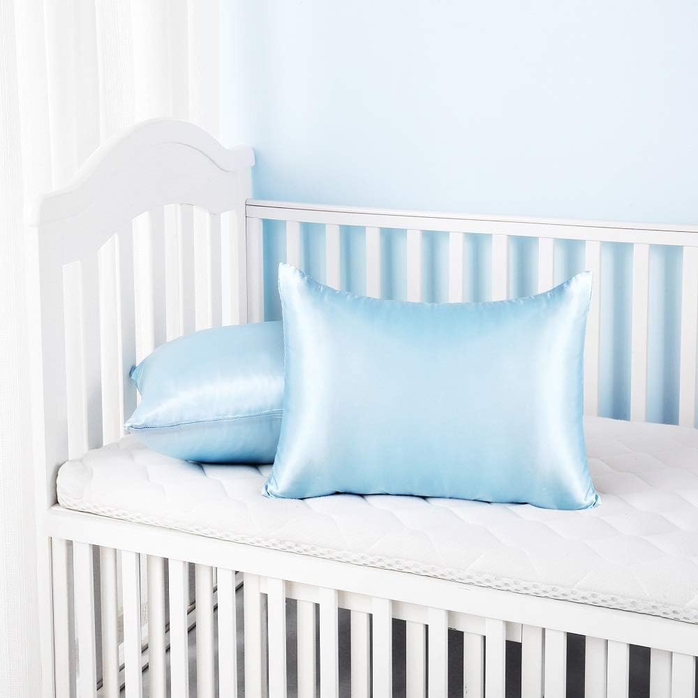 Silky Satin Toddler Pillowcases Set of 2, Super Soft Travel Pillow Covers, Small Kids Pillow Cases with Envelope Closure, 13"x 18", Light Blue