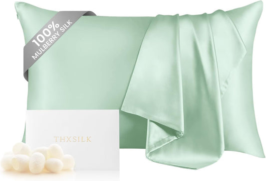 THXSILK Mulberry Silk Pillowcase for Hair and Skin, 100% Mulberry Silk Bed Pillowcase, Hypoallergenic Soft Breathable Silk Pillow Case with Hidden Zipper, King Pillow Case 20"x36", Turquoise Green