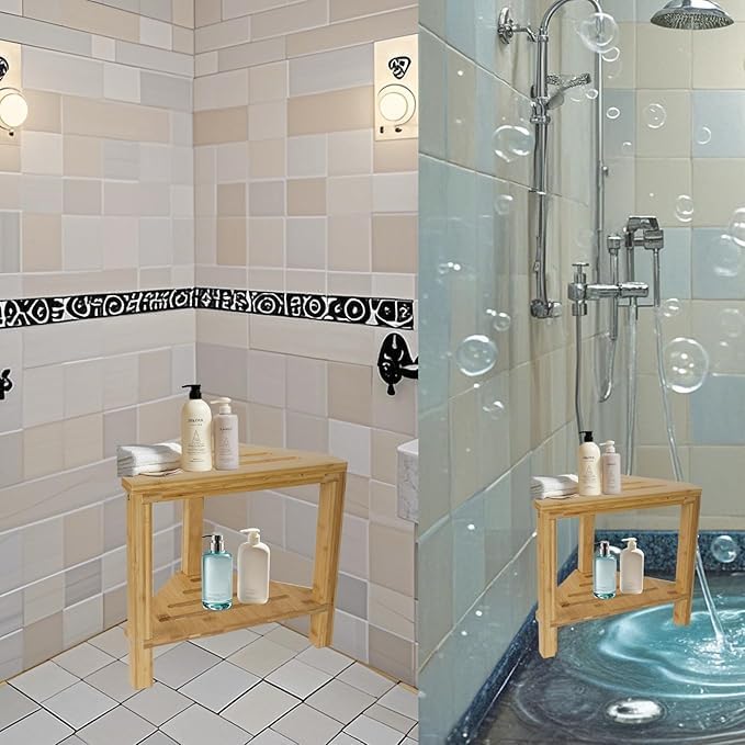 Bamboo Shower Stool for Shaving Legs, Corner Shower Foot Rest with Storage Shelf for Shaving Legs Bath Bench for Inside Shower, Space-Saving Shower Step Stool & Non-Slip Bathroom Seat