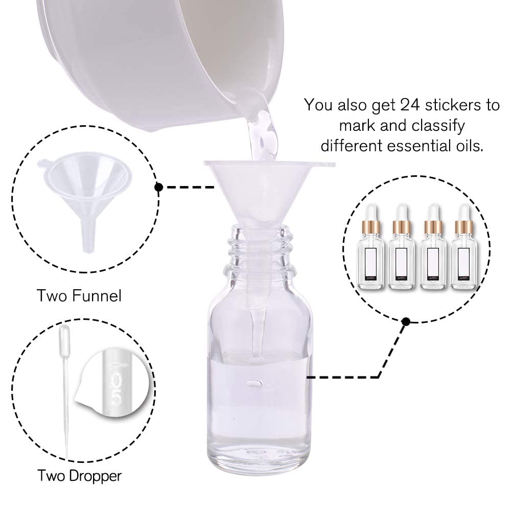PrettyCare Glass Eye Dropper Bottles 24 Pack, 0.5oz (15ml) Clear Empty Thick Bottles Bulk with Leakproof Golden Caps - With Labels & Funnels for Storage, Travel, Essential Oils, Cuticle, Tinctures
