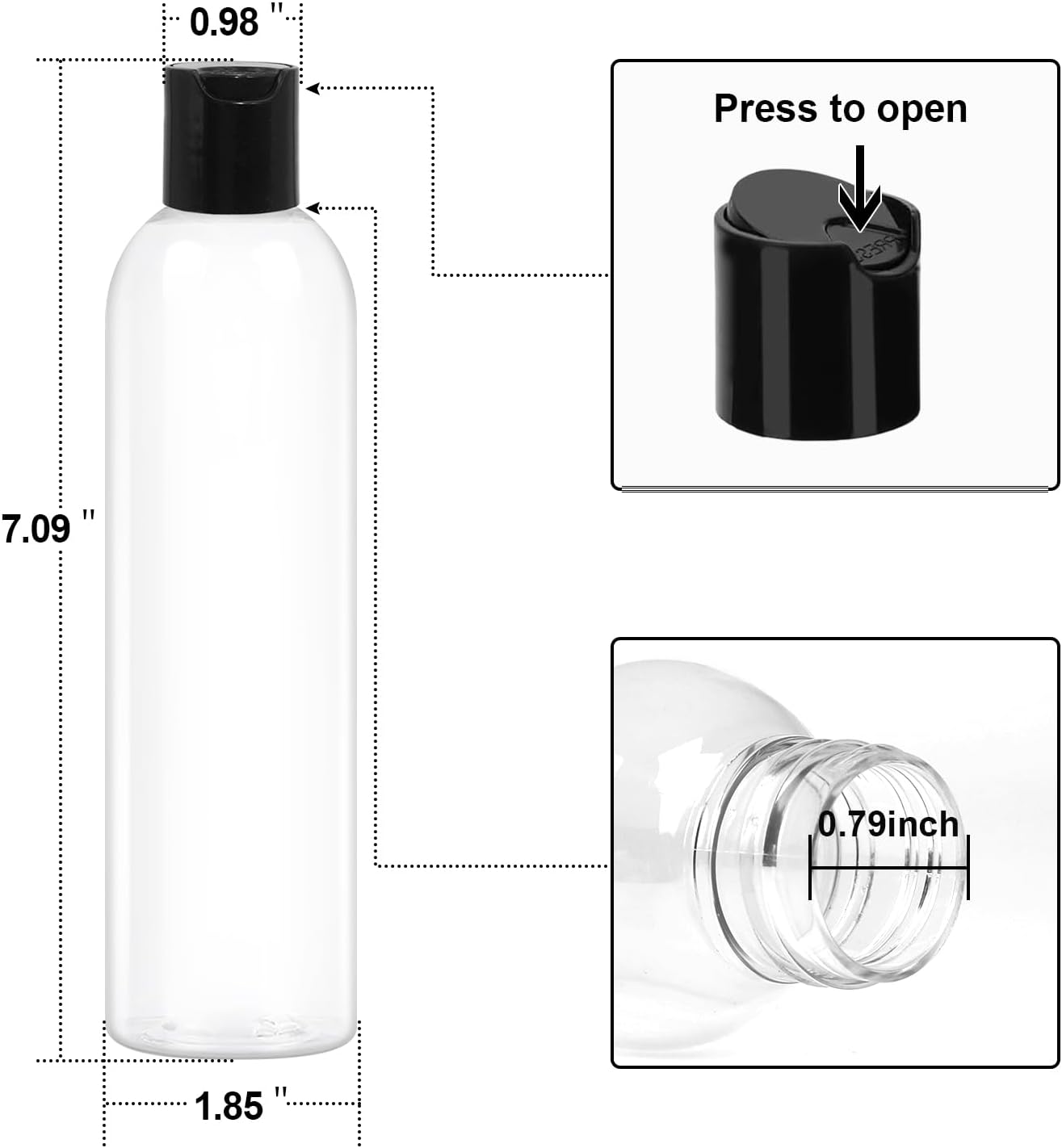2 Pack 8 oz Plastic Squeeze Bottles with Black Disc Caps Refillable Clear Empty Containers Travel Bottles for Toiletries Conditioner Shampoo Lotions Gels
