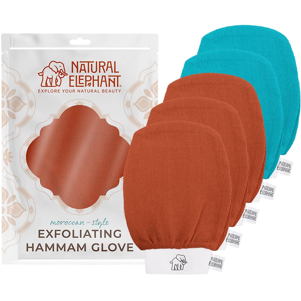 Natural Elephant Exfoliating Hammam Glove - Face and Body Exfoliator Mitt 5 and 10 Packs (3 Orange, 2 Teal (Pack of 5))