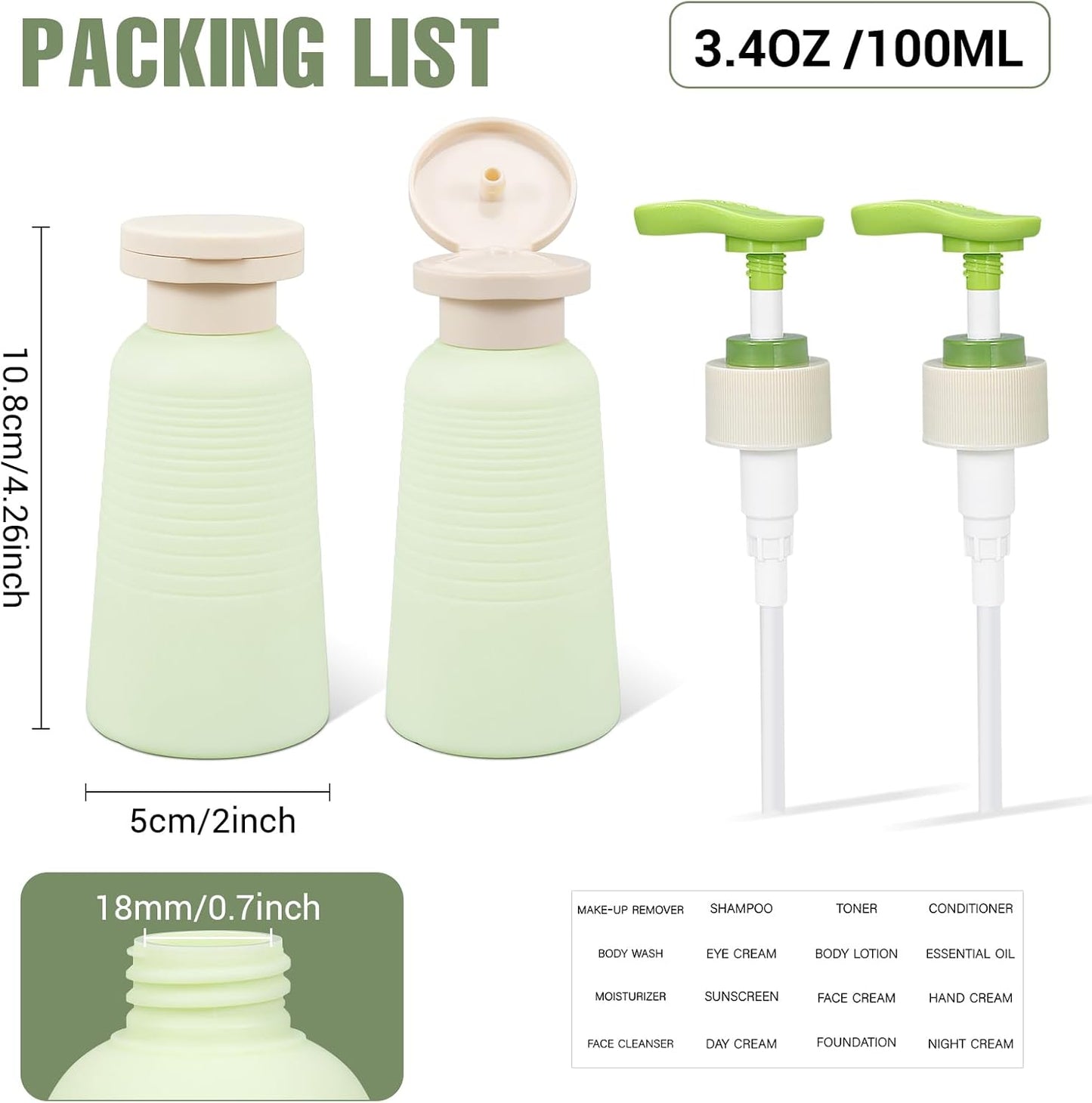 3.4oz Travel Shampoo Bottle with Flip Cap, Refillable Plastic Pump Bottles Dispenser for Soap, Shampoo, Lotions, Liquid Body Wash, Creams and Massage Oil (2Pack, 3.4oz/100ml)