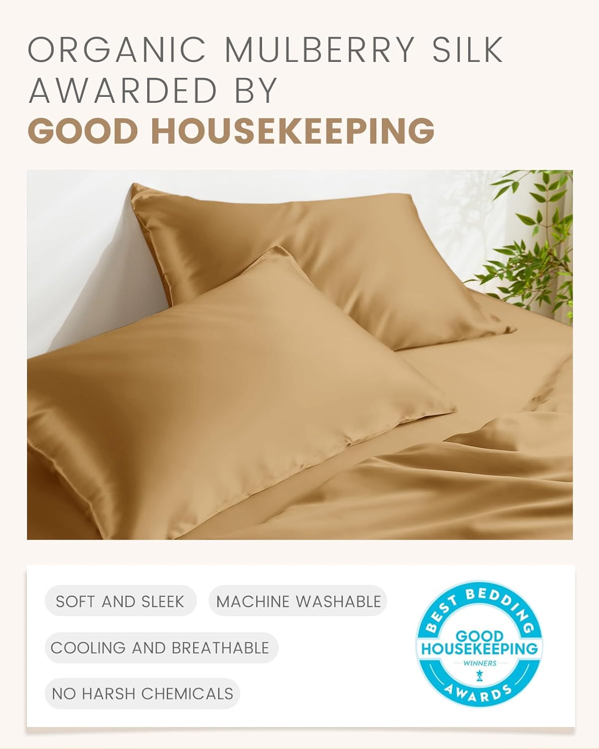 THXSILK 100% Mulberry Silk Pillowcase for Hair and Skin, Grade 6A+ Mulberry Silk Pillow Case, Hypoallergenic Pillow Case with Zipper, 1pc(California King Size 20"x40", Metallic Gold)