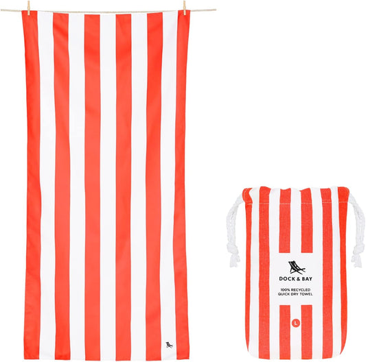 Dock & Bay Beach Towel - Quick Dry, Sand Free - Compact, Lightweight - 100% Recycled - Includes Bag - Cabana - Waikiki Coral Red - Large (160x90cm, 63x35)
