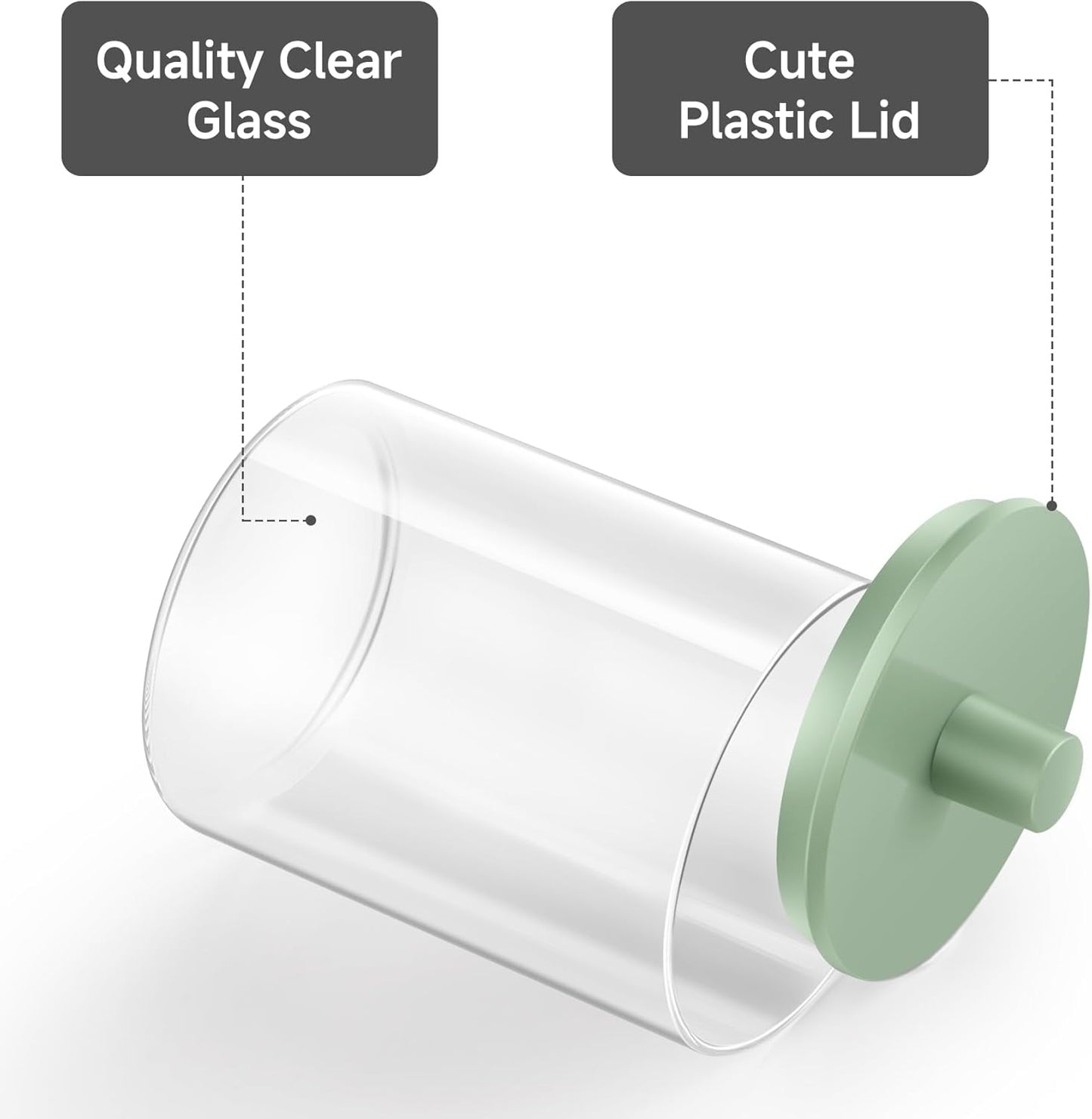 TIPGO Glass Qtip Holder Dispenser for Bathroom - 10 oz Clear Canister Apothecary Jar for Cotton Swabs, Balls, Pads, Floss Picks, Small Containers for Makeup Storage Organizer (2 Pack, Green)