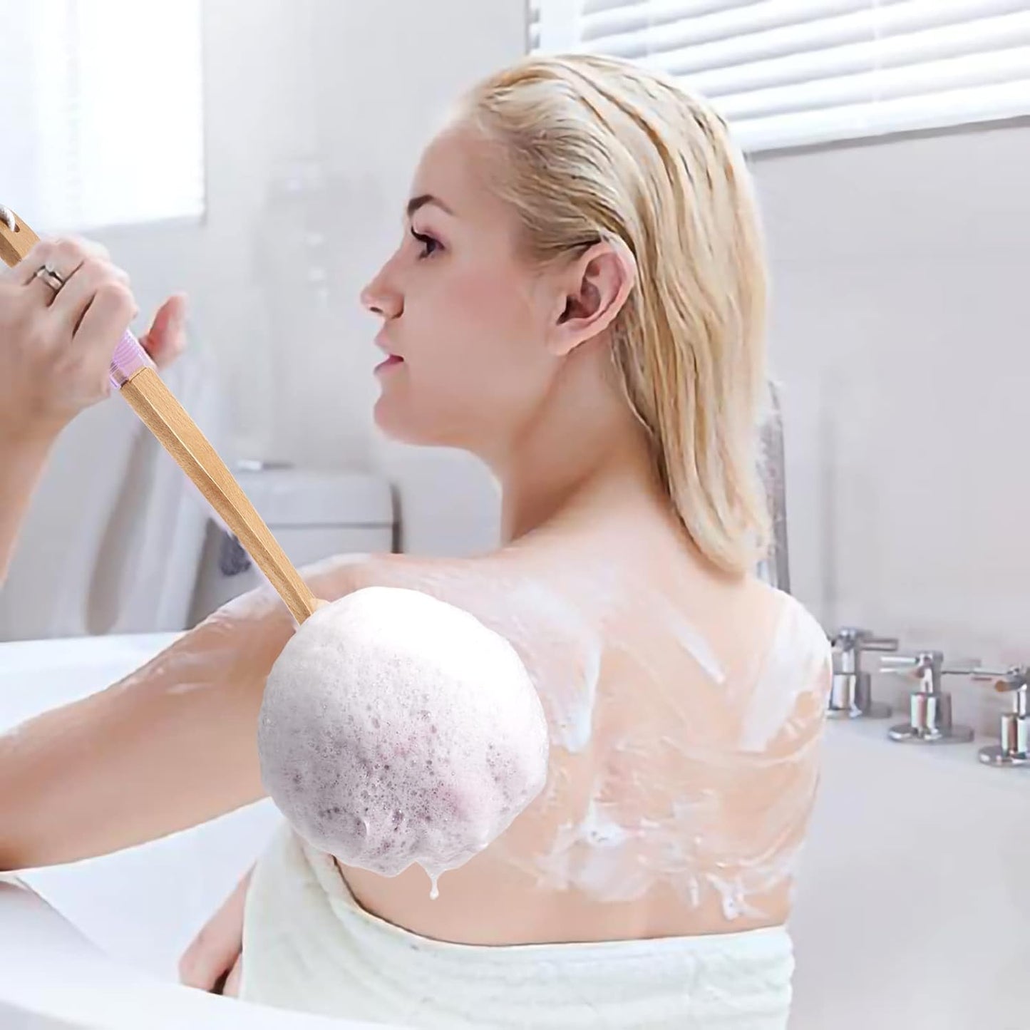 AmazerBath Shower Sponge Loofah Back Scrubber, PE Soft Mesh Loofah Body Scrubber with Long Wooden Handle, Bath Sponge for Men Women (Pink)