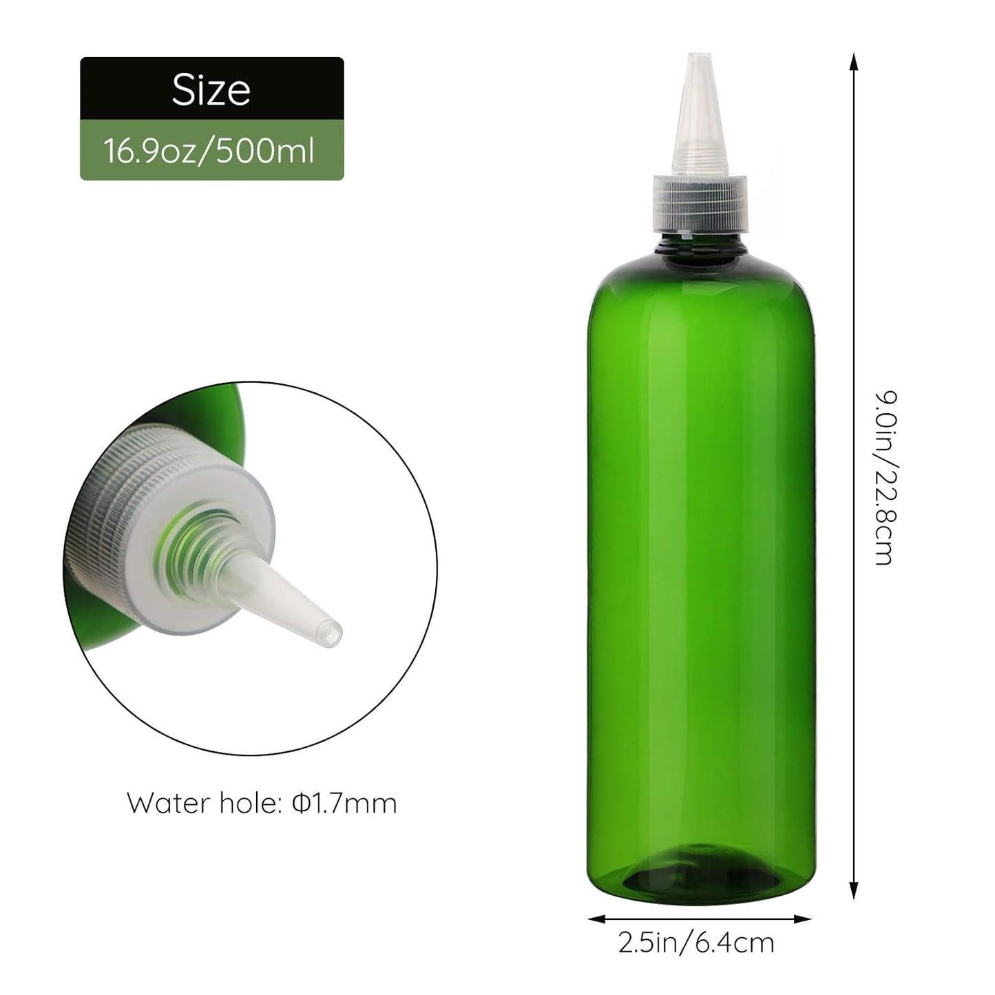Segbeauty 16.9oz Dye Applicator Bottles, 2 Packs 500ml Refillable Hair Dye Colored Squeeze Bottle with Twist Top Cap Tip, PET Angled Tip Plastic Empty Dyeing Tool, Green Hair Color Applicator Bottle