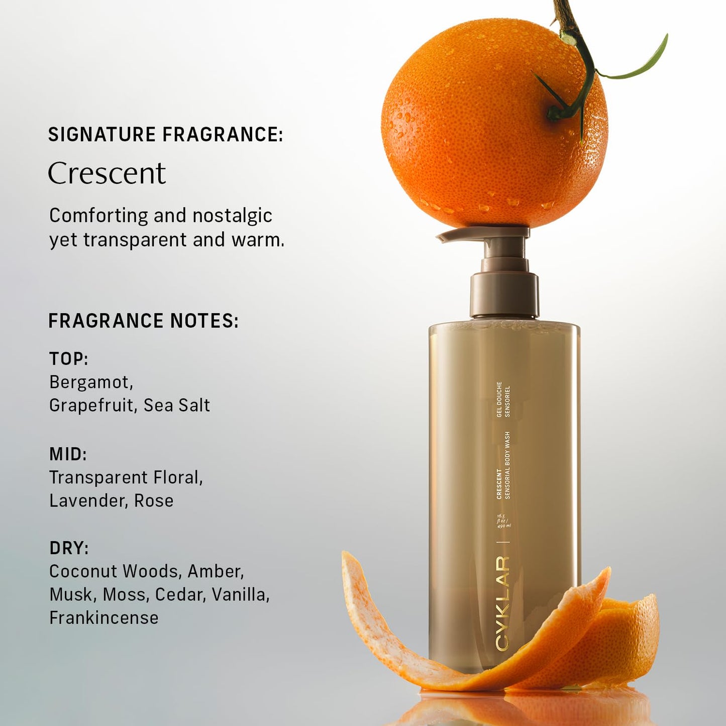 CYKLAR Sensorial Body Wash. Crescent Fragrance Hydrating Cleanser with Moisture Locking Multi-Oil Complex, Sodium PCA and Glycerin. Nourishing Shower Gel for Women and Men, 16.5 Fl Oz Luxury Bodywash