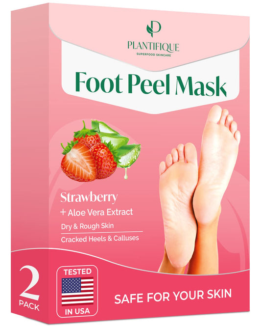 PLANTIFIQUE Foot Peeling Mask 2 Pack | Dermatologically Tested Repairs Heels & Removes Dry Dead Skin for Baby Soft Feet | Exfoliating Foot Peel Mask for Dry Cracked Feet | Strawberry