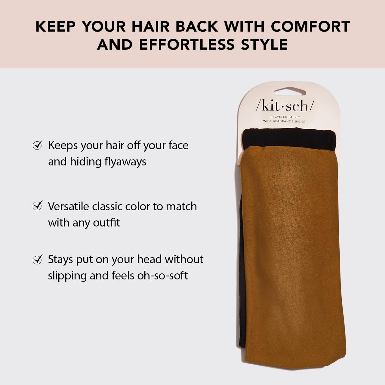 Kitsch Wide Headbands for Women - Fashion Sports Headband for Workout, Yoga, Gym, Running, Exercise | Stretchy Head Bands | Ideal Gifts for Women - Black and Camel, 2pcs