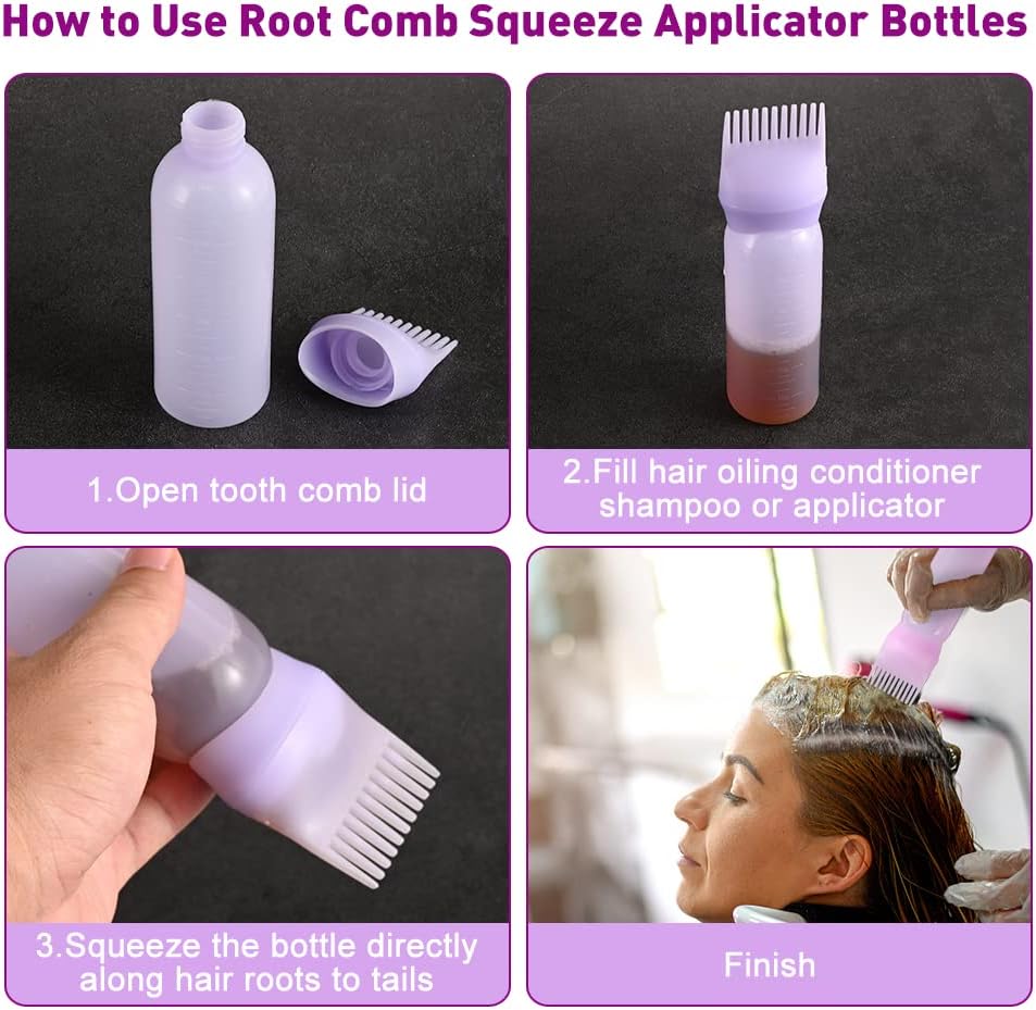 Abnaok Root Comb Applicator Bottle, 6 Ounce Applicator Bottle for Hair Dye Bottle Applicator Brush with Graduated Scale- 4 Pack
