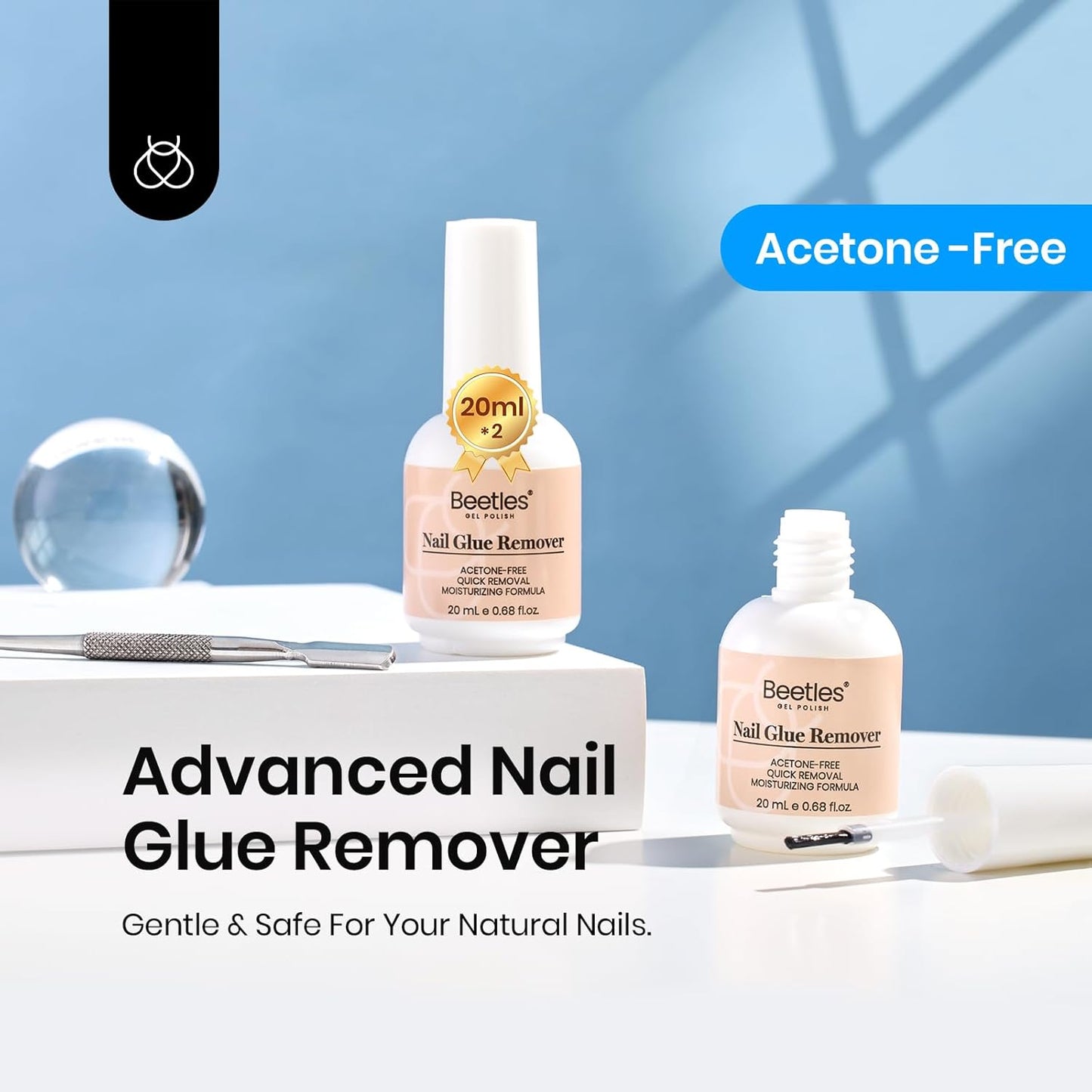 Beetles 2 Pcs Nail Glue Remover 20 ml for Press on Nails, False Nails Glue Remover for Fake Nail Tips Acrylics Nails Adhesive Remover Includes Cuticle Pusher, Not for Uv Gel Glue or Gel Polish
