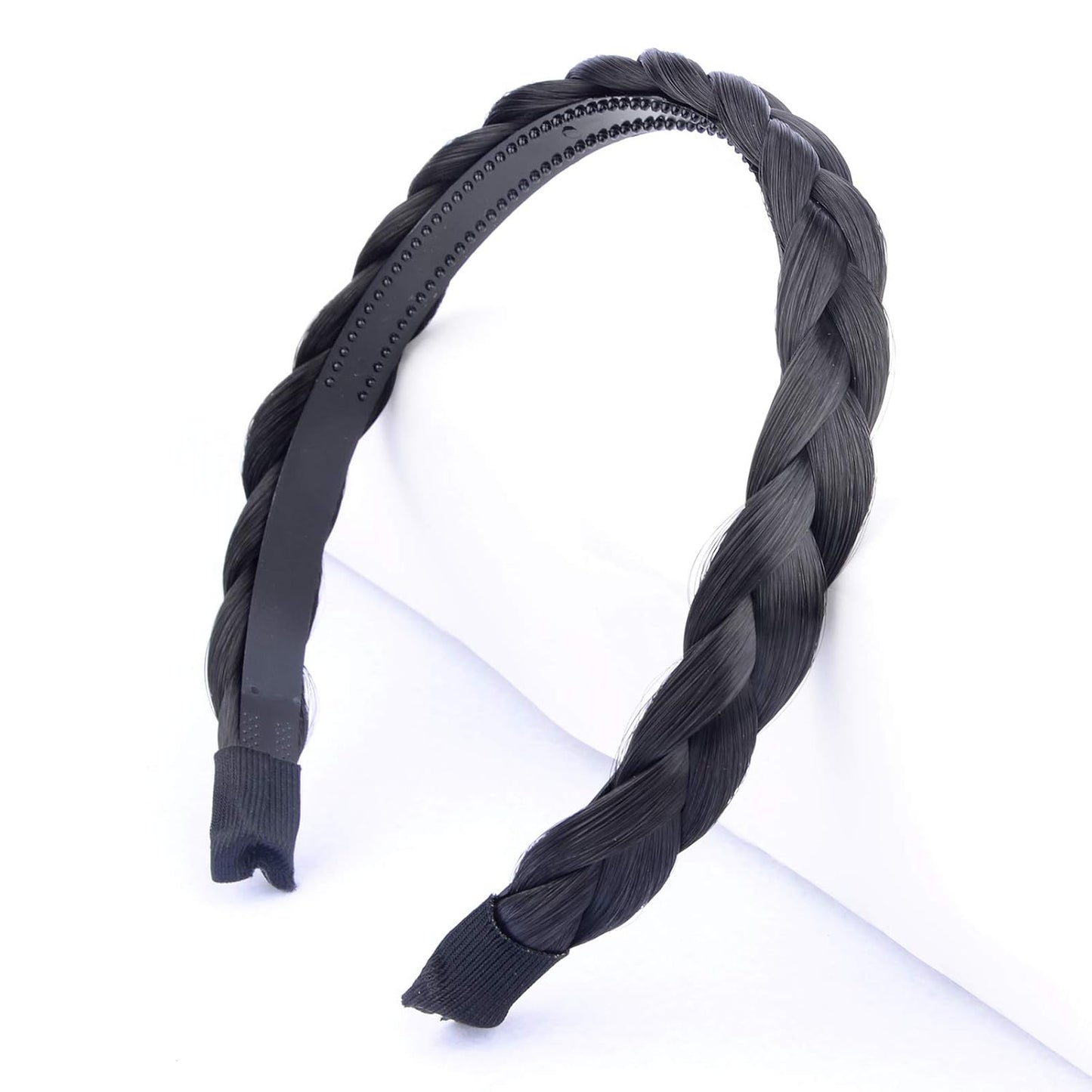 DIGUAN Width 0.6 inches Narrow Synthetic Hair Plaited Headband Braid With Teeth Hair Band Accessories for Women Girl (Natural Black)