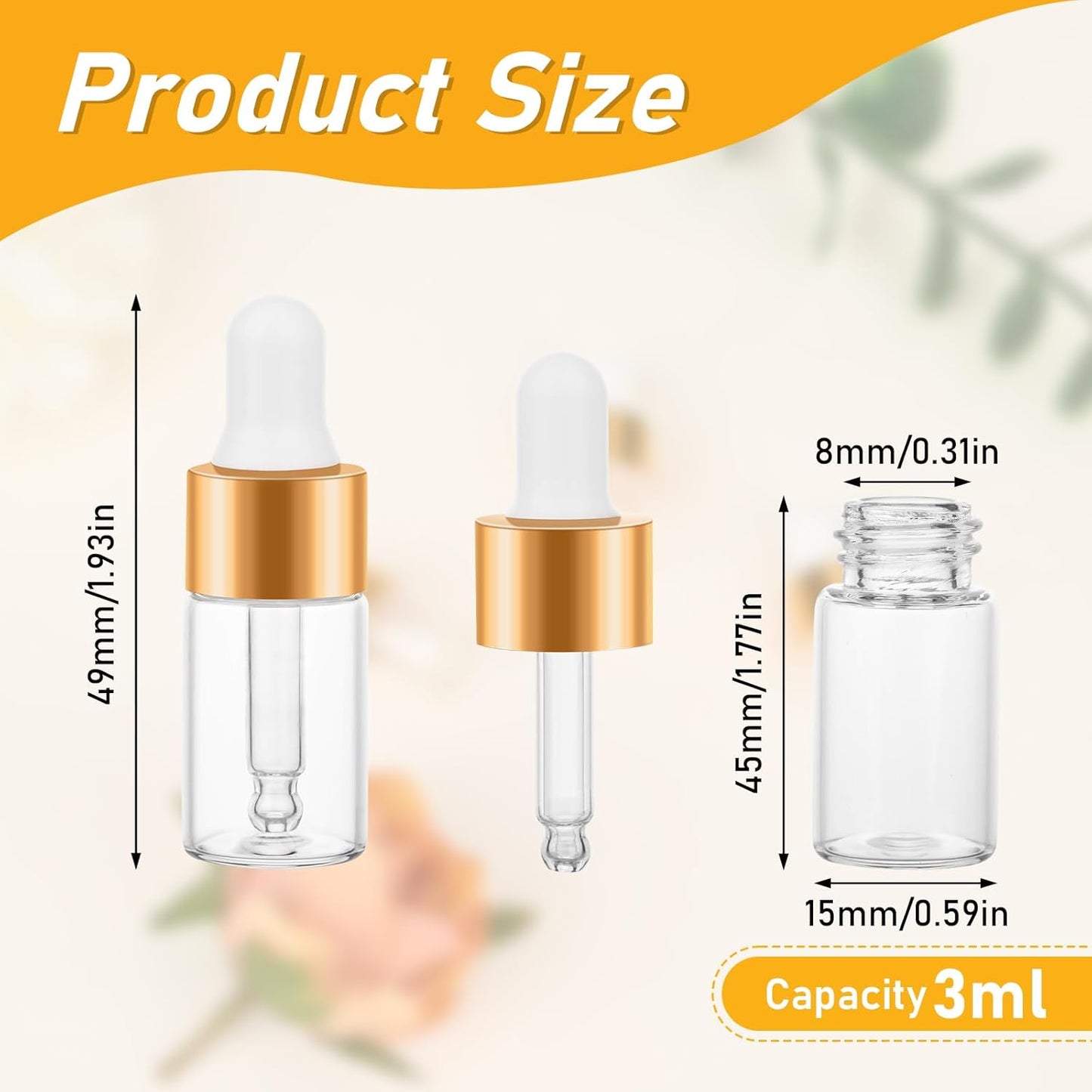 100 Pack Mini Dropper Bottle for Cuticle Oil, 3ml Small Sample Essential Oil Dropper Bottles for Travel, Clear Empty Vails for Cosmetic Perfume