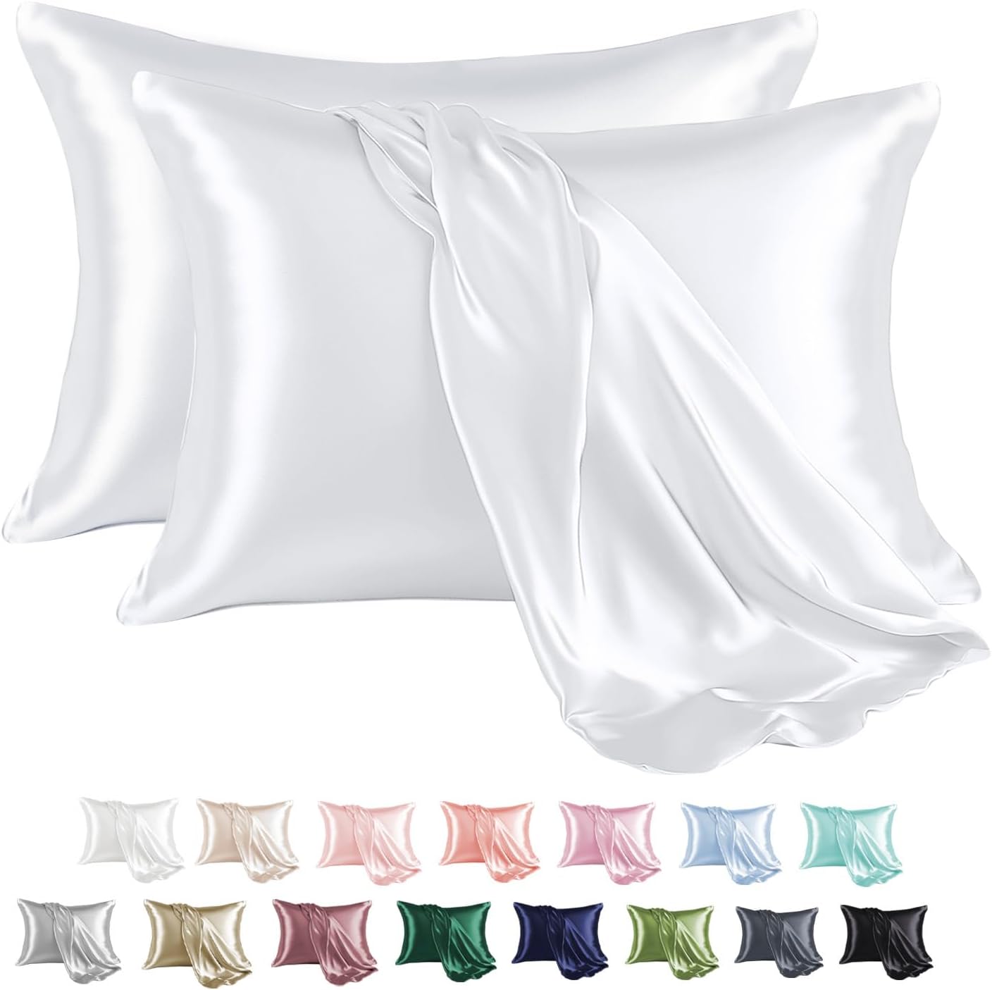 MR&HM Satin Pillowcase for Hair and Skin, Silk Satin Pillowcase 2 Pack, Standard Size Pillow Cases Set of 2, Silky Pillow Cover with Envelope Closure (20x26, White)