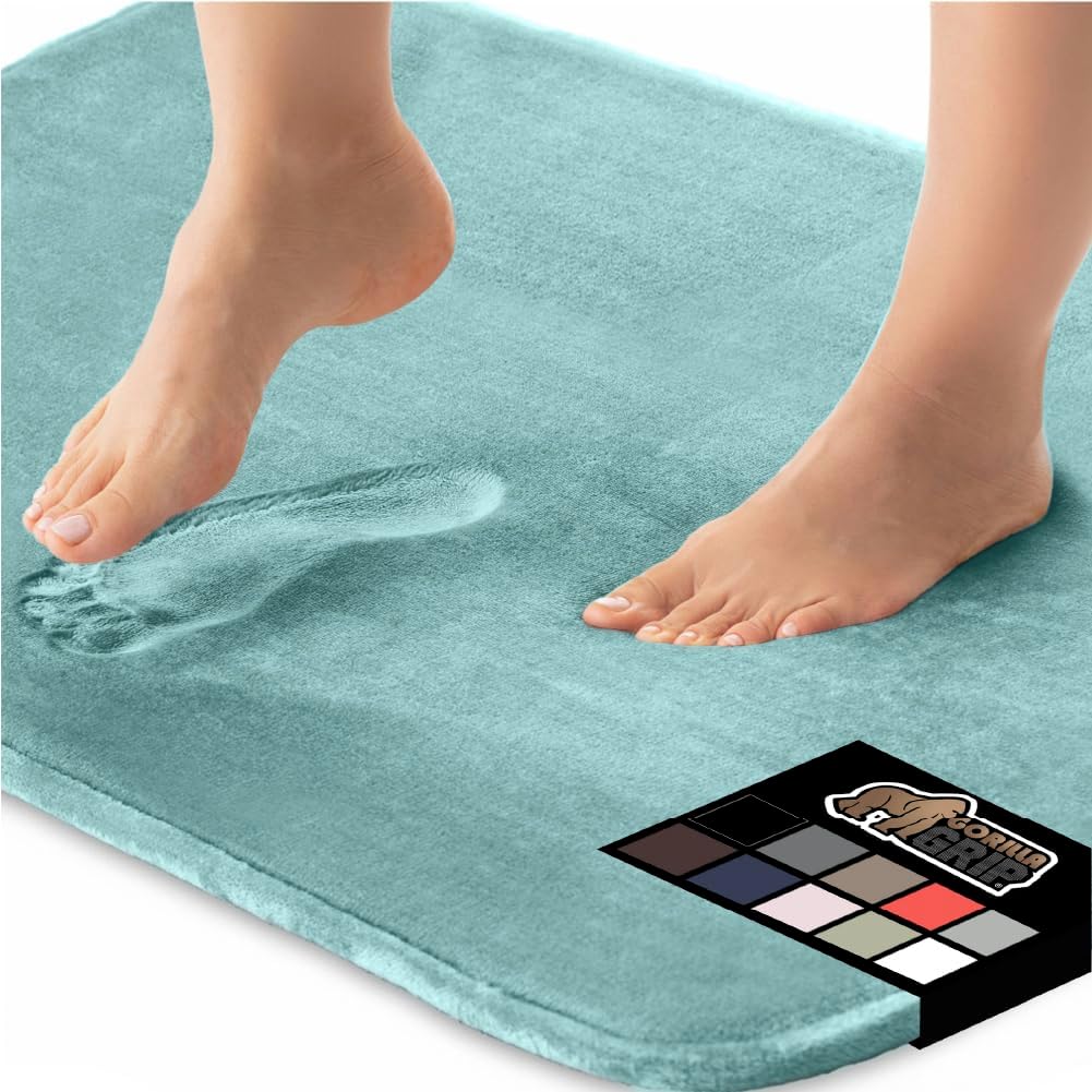 GORILLA GRIP Memory Foam Bath Mat, Soft Absorbent Velvet Bathroom Mats, Durable Dots on Underside, Machine Washable Bathmat, Carpet Rug Room Decor for Shower Tub Floor RV, 24x17 Rugs, Seablue
