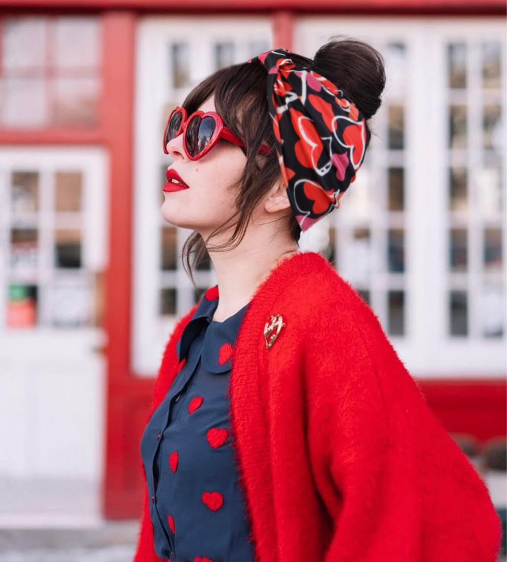 Huachi 4 Packs Valentine Headbands for Women Wide Knotted Valentine Heart Headbands Trendy Love Head Bands for Women’s Hair Large Bandana Hairbands Valentines Gifts Hair Accessories