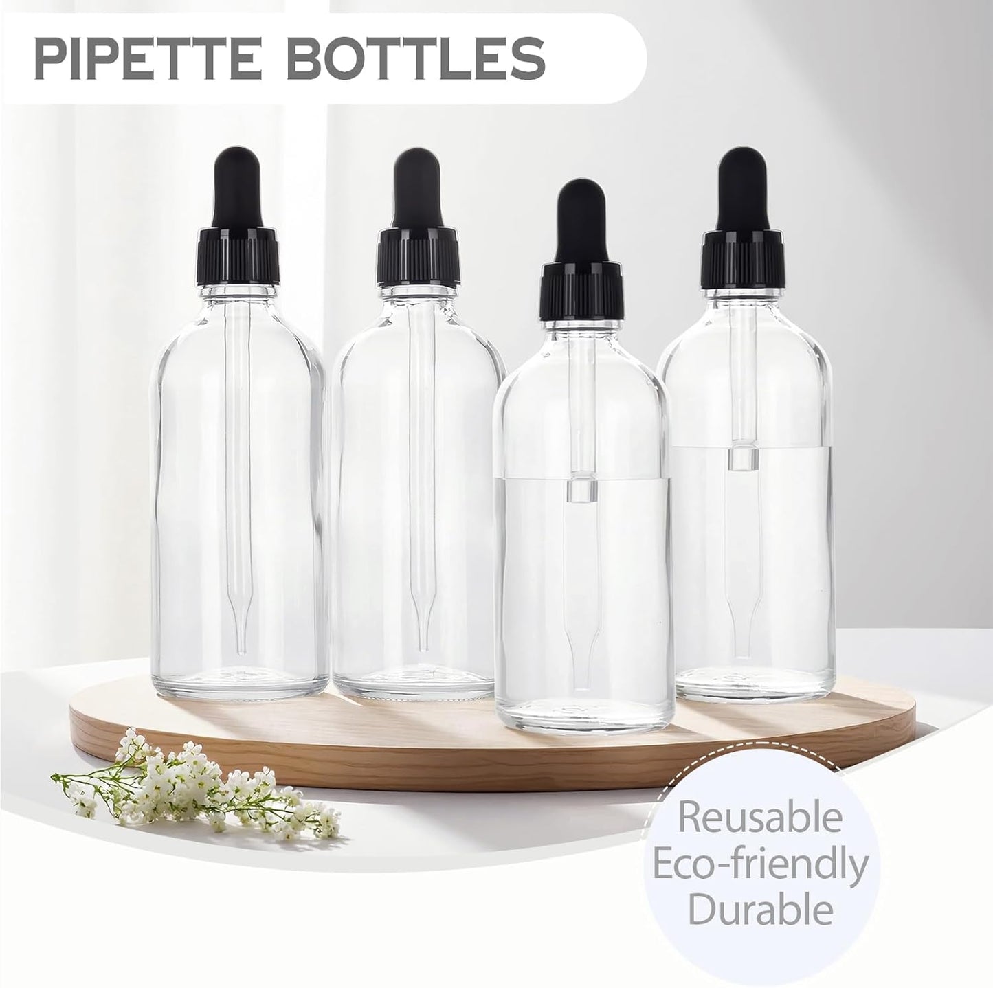 3.4 oz Glass Dropper Bottles,4 Pack 100ml Empty Reusable Leak Proof Thick Tincture Bottles for Essential Oils,Hair Oil,Liquids,Laboratory,Pharmacist Bottle,Massage,Perfumery Aromatherapy