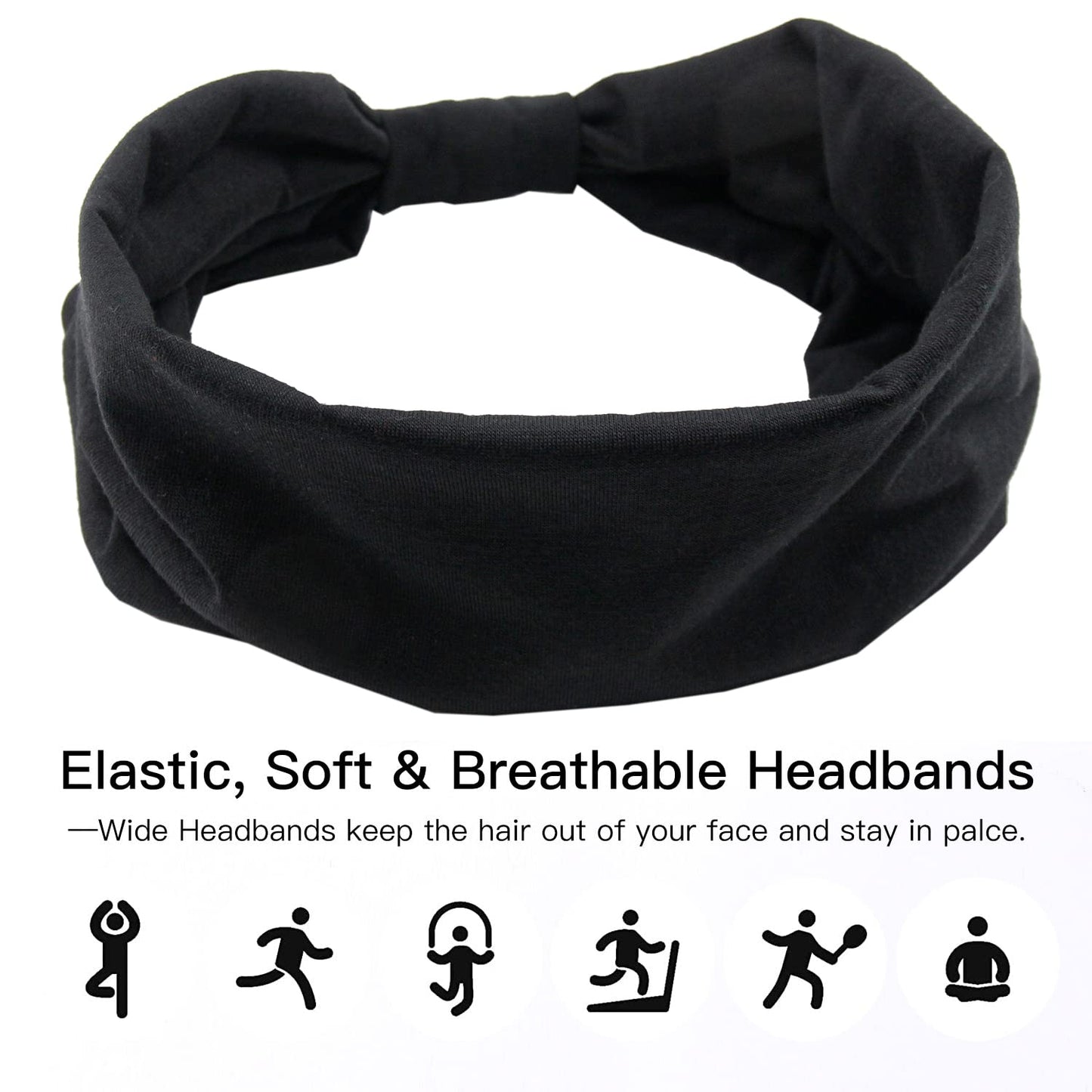 Yeshan Black Wide Turban Headbands for Women - 6 Pack Knotted Boho Thick Head Wraps, Large African Sport Yoga Hairbands