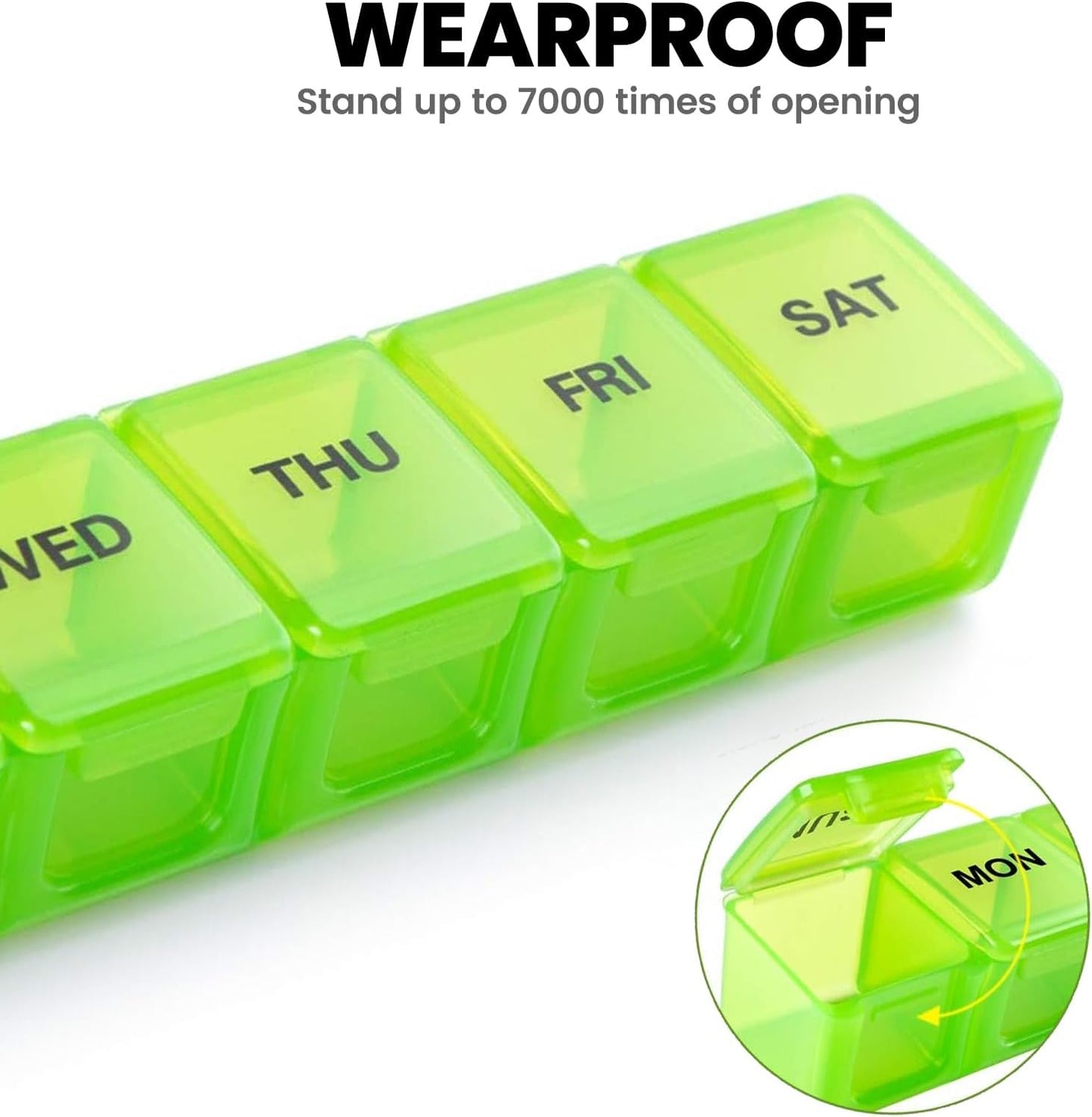 Sukuos Extra Large 7 Day Pill Organizer Easy to Open, Weekly Pill Box Daily Medicine Case with Clear Lid, Silkscreen Printed Vitamin Holder for Fish Oils or Supplements (Green)