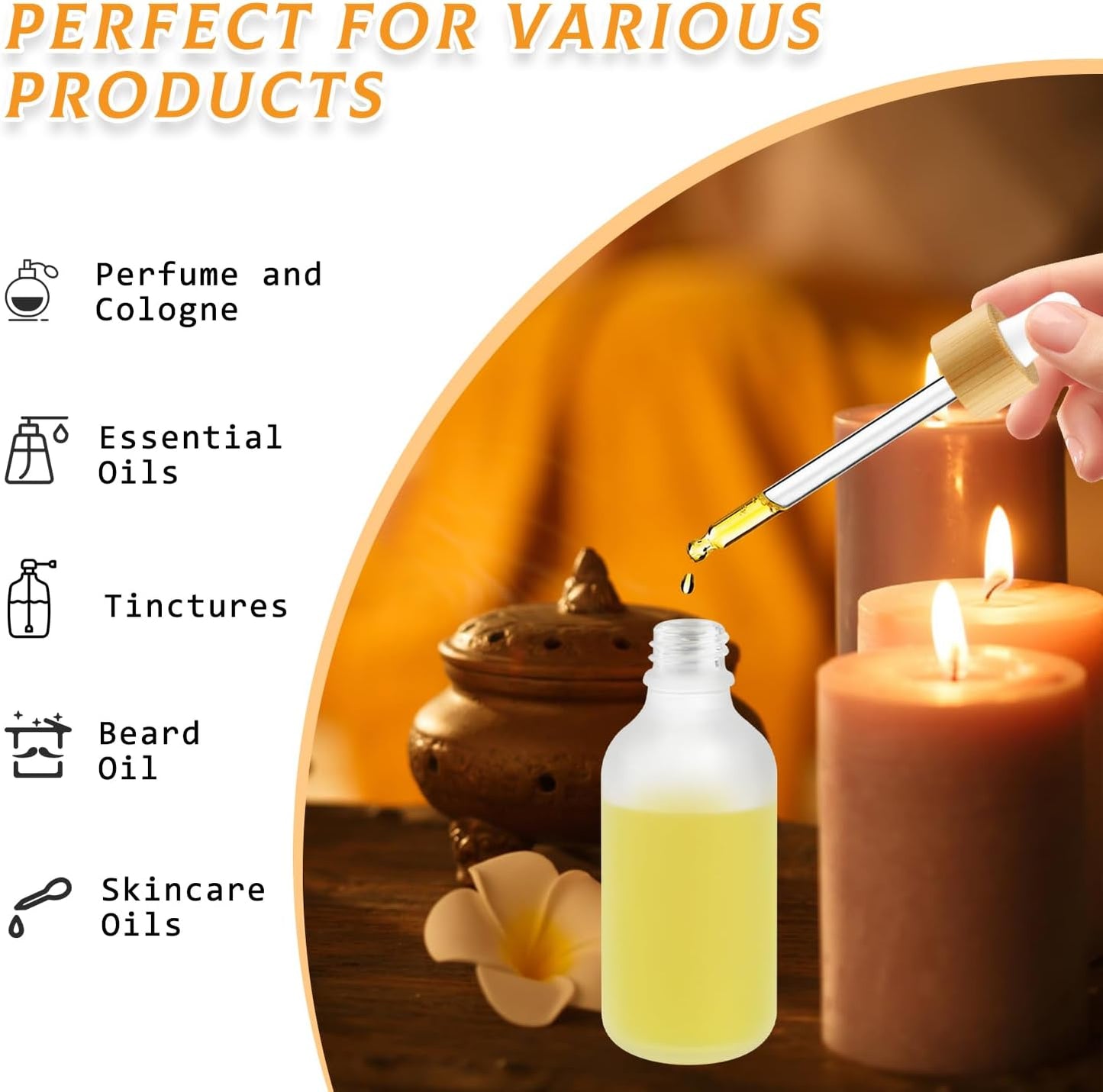 24 Pack 2 oz Frosted Glass Dropper Bottle,Empty Round Boston Travel Bottles With Eye Droppers,Natural Bamboo Dropper Cap for Essential Oils, Tinctures & Perfume,Facial Serums,Massage Oils