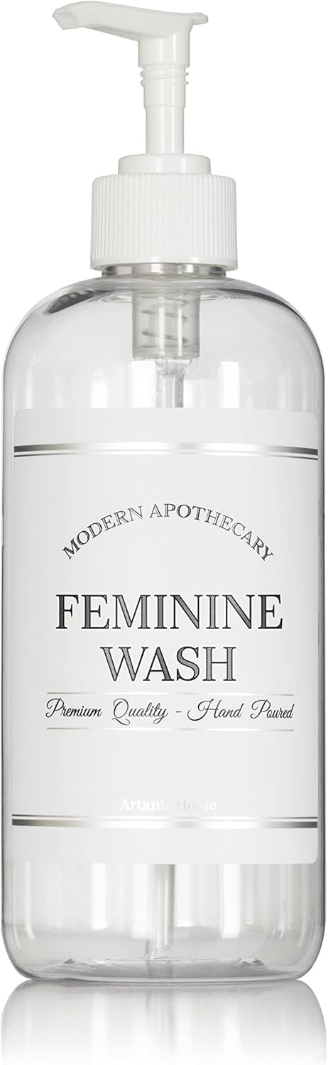 Refillable Clear PET Plastic 16 oz Feminine Wash Bottle with White Plastic Pump Dispenser - Chrome Accent Waterproof Labeled Bottle