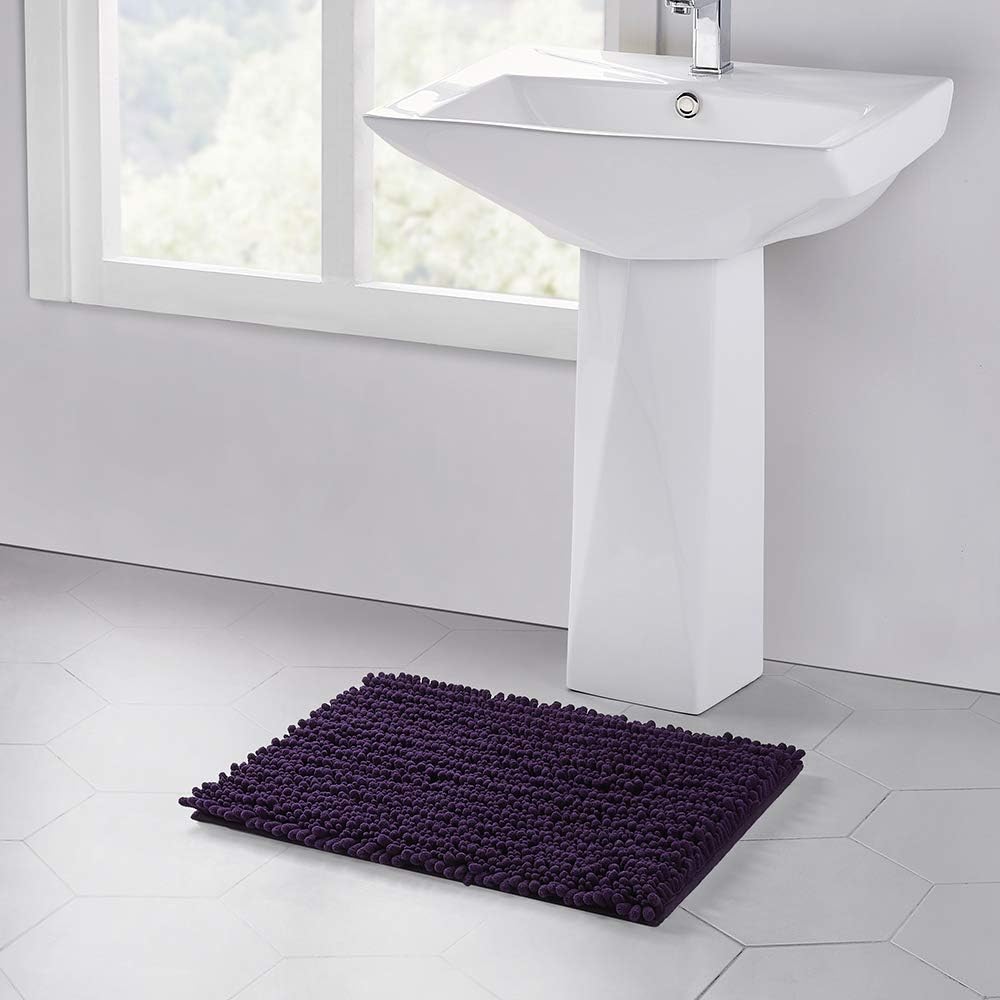 Walensee Bathroom Rug Non Slip Bath Mat (24x17 Inch Dark Purple) Water Absorbent Super Soft Shaggy Chenille Machine Washable Dry Extra Thick Perfect Absorbant Best Small Plush Carpet for Shower Floor