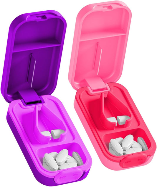 Pill Cutter Splitter for Small or Large Pills with Safety Lock - Accurate and Easy Travel-Friendly Design for Daily Use (Purple+Pink)