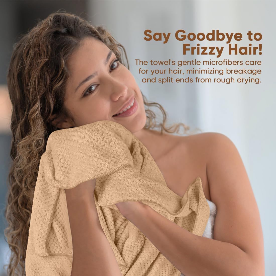 HOMEXCEL 5 Pack Microfiber Hair Towels - 40 x 20 inches Super Soft, Fast Drying Turbans for Long, Thick, Curly Hair - Anti Frizz Wrap with Elastic Strap, Brown/Grey