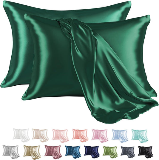 MR&HM Satin Pillowcase for Hair and Skin, Silk Satin Pillowcase 2 Pack, King Size Pillow Cases Set of 2, Silky Pillow Cover with Envelope Closure (20x40, Dark Green)