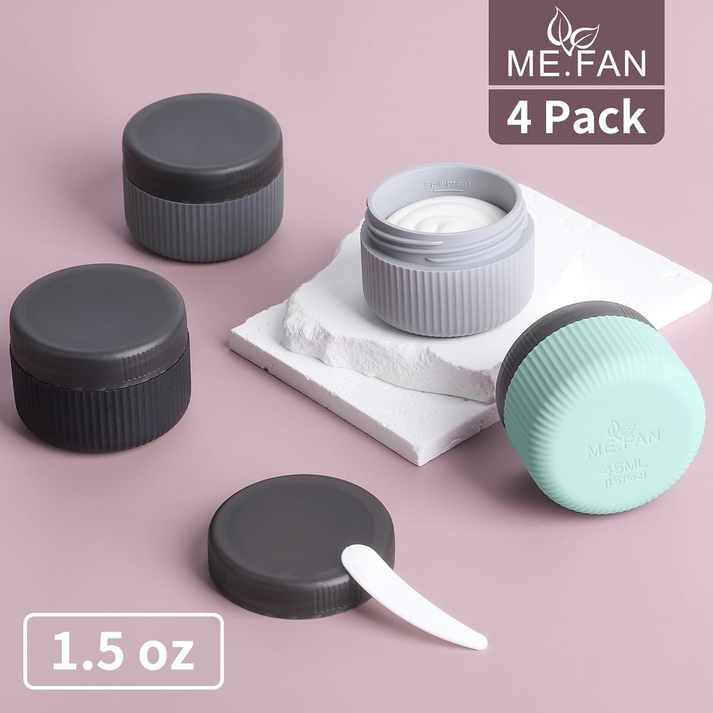 ME.FAN Travel Containers for Toiletries, TSA Approved 1.5 oz Silicone Cream Jars, Leak-proof Journey Containers, Trip Accessories with Lid for Cosmetic Face Hand Body Cream 4 Pack Black Lid - Grey