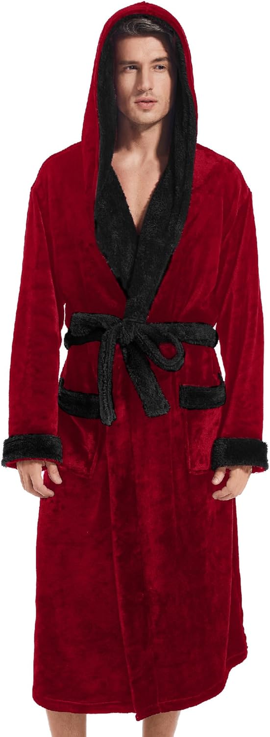 Inner Wish Mens Hooded Robe, Plush Long Bath robes Cozy Warm Bathrobe Fuzzy male Spa Robe With Pockets