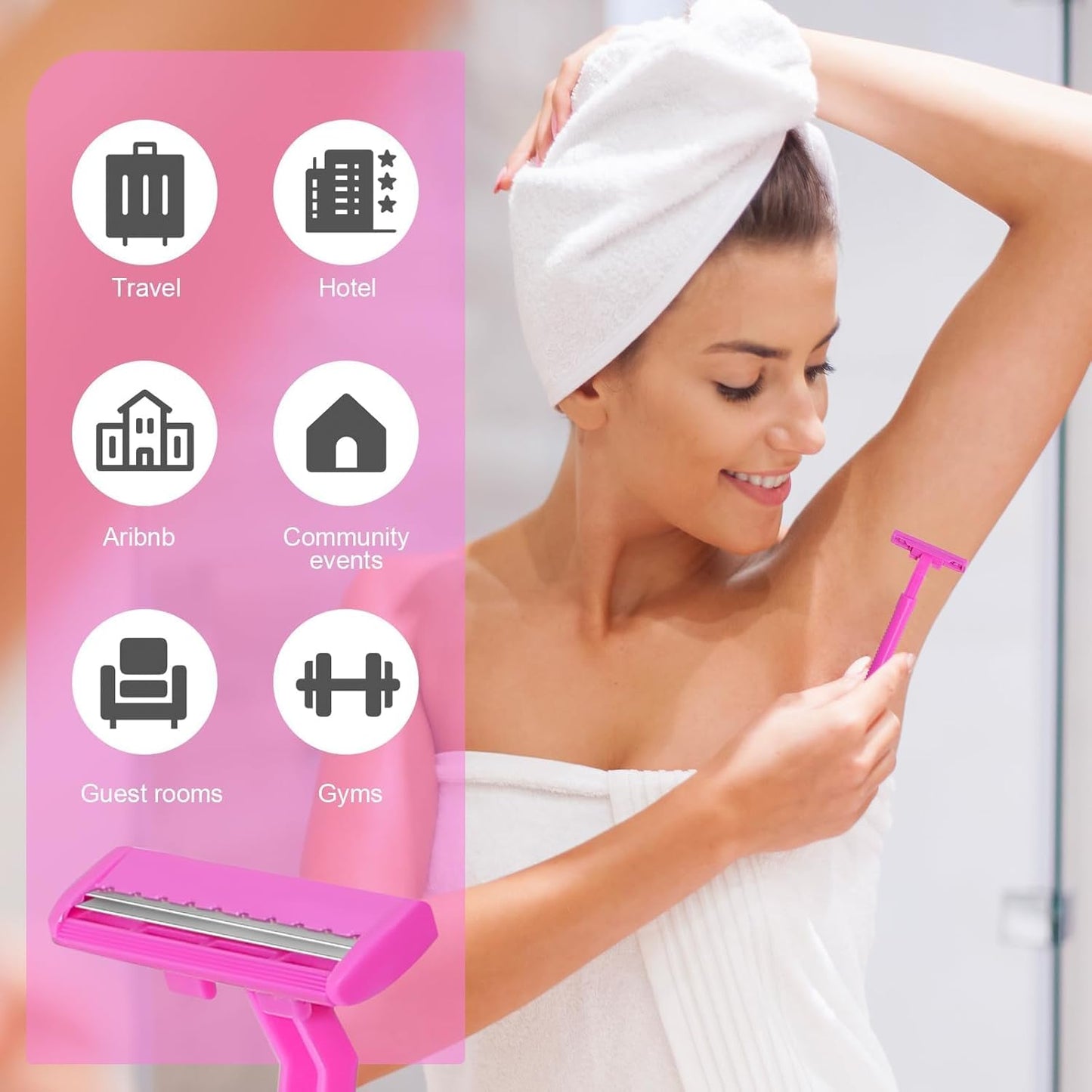 120 Pack Disposable Twin Blade Razors Individually Wrapped, Clear Safety Cap， Multipurpose Portable Shave Razor for Man Woman Bathing Hotel Travel (Pink)