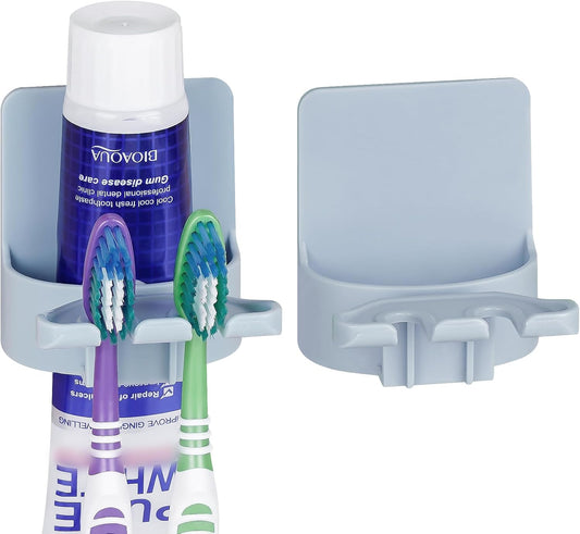 2 PCS Self-Adhesive Toothbrush Holders Wall Mounted, Water Proof Toothbrush Hook, 3 in 1 with Toothbrush Hanger Toothpaste Holder and Gargle Cup Holder for Bathroom Shower (Blue)