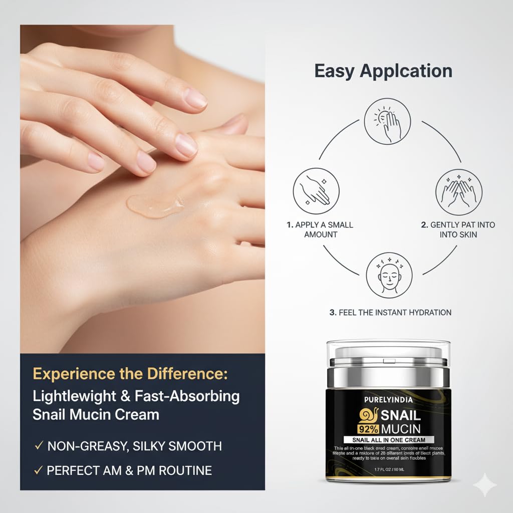 “92% Snail Secretion Filtrate Snail Mucin Cream-Serum Hybrid – Deep Repair & Hydration – Lightweight Snail Mucin Cream / Serum for Sensitive, Dry & Oily Skin – Cruelty-Free, Fragrance-Free – 50 ml”