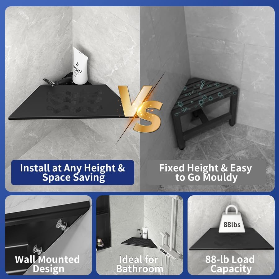 10'' Corner Foot Rest for Shaving Legs, Wall Mounted Foot Ledge for Bathroom Inside Shower, 304 Stainless Steel Footrest with Shaving Holder (Black)